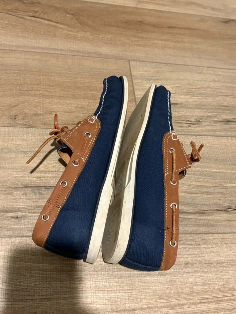 J. Crew AW681 2-Eye Canvas Slip-On Boat Loafer Shoes leather Blue Brown‎ Men's 8